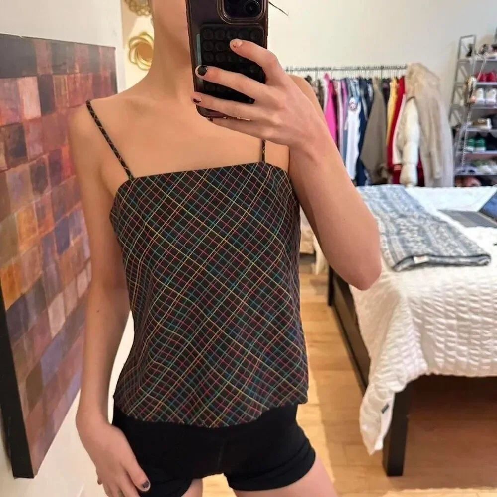 80s Vintage Black Rainbow Geometric Stripe Prophecy Cami Tank size 10 Small